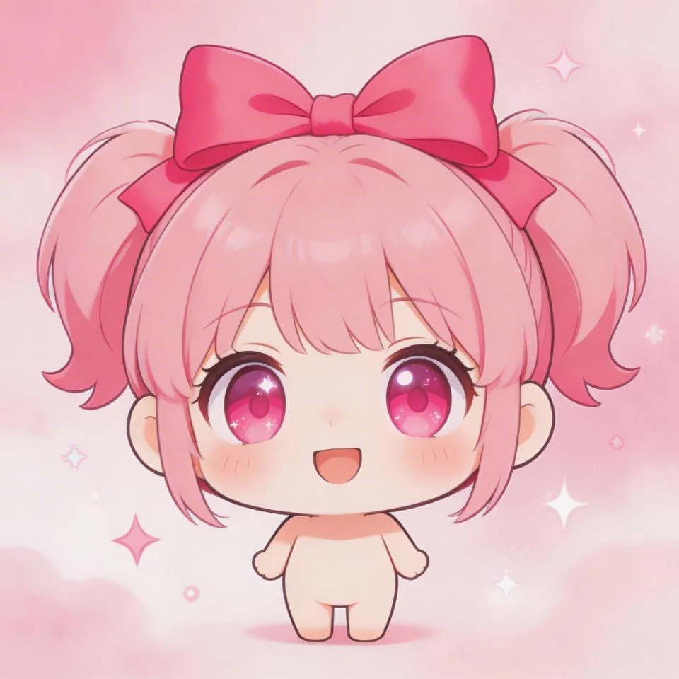 Chibi anime girl pink pfp with oversized pink bow and round sparkling eyes for cute profile picture avatar