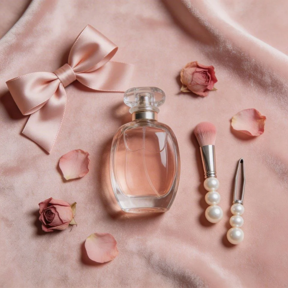 Coquette aesthetic pink pfp with bow and perfume flatlay in soft pink tones for Pinterest and Instagram profile avatar