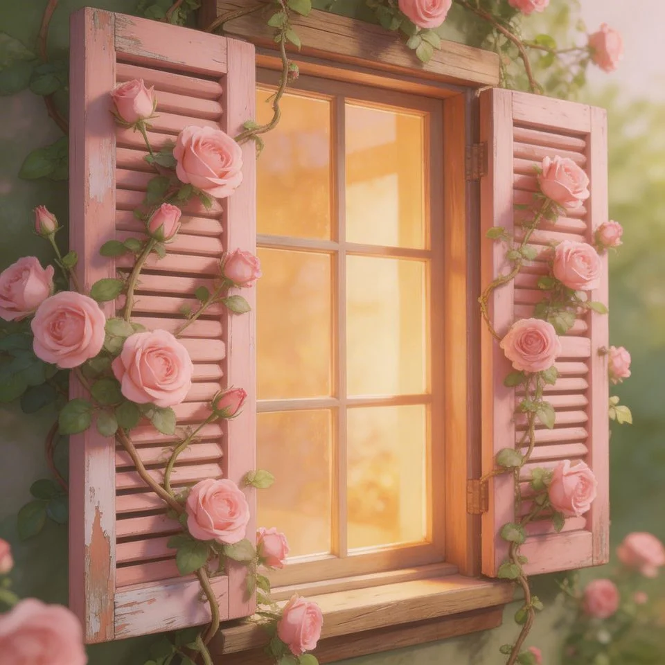 Romantic cottagecore pink pfp with cottage window and pink floral climbing roses for dreamy Instagram profile picture avatar