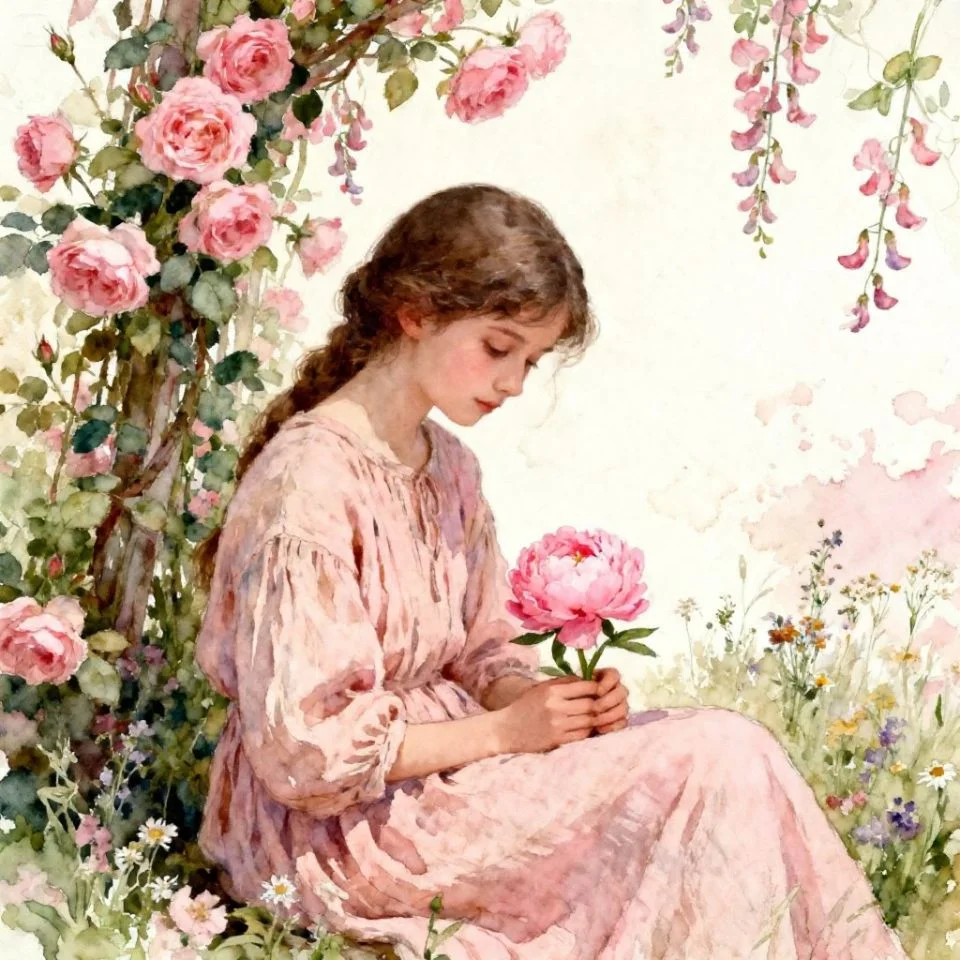 Cottagecore pink pfp with vintage floral details and romantic soft pink tones for aesthetic Instagram and Pinterest profile picture