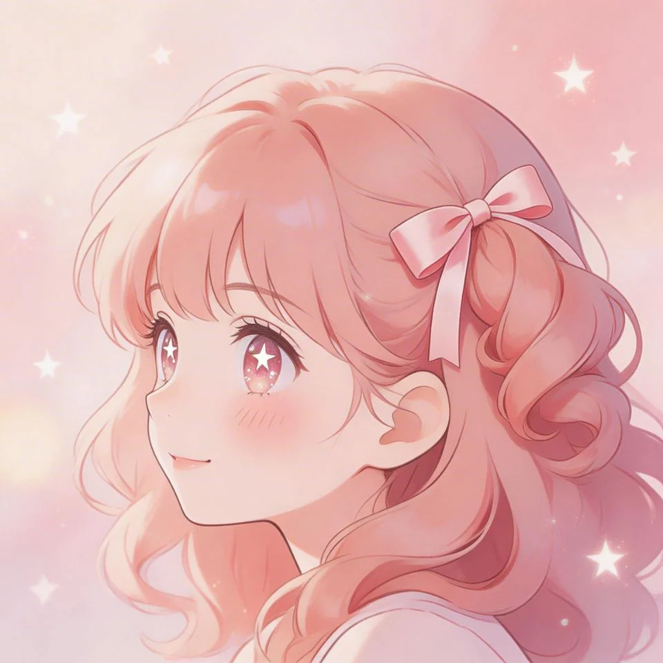 Cute anime girl pink pfp with pastel rose hair and sparkling eyes perfect for Discord and TikTok profiles