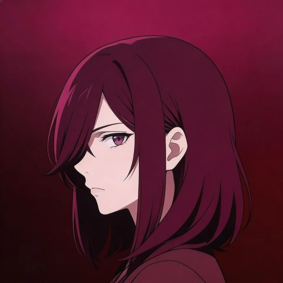 Dark pink pfp with moody magenta anime girl and intense expression for mysterious Discord and Instagram profile picture