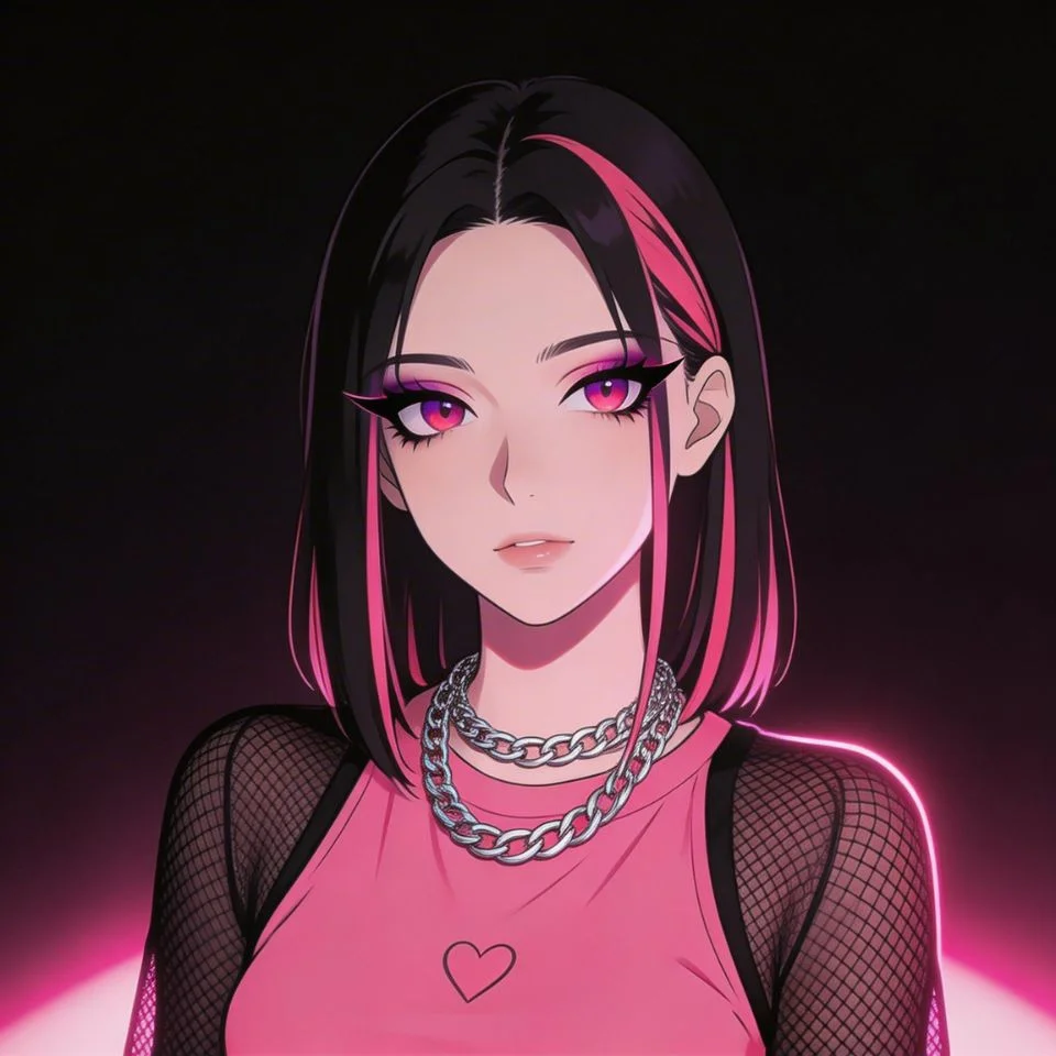 Dark egirl pink pfp with chain accessories and alt makeup in striking pink tones for TikTok and Instagram profile picture