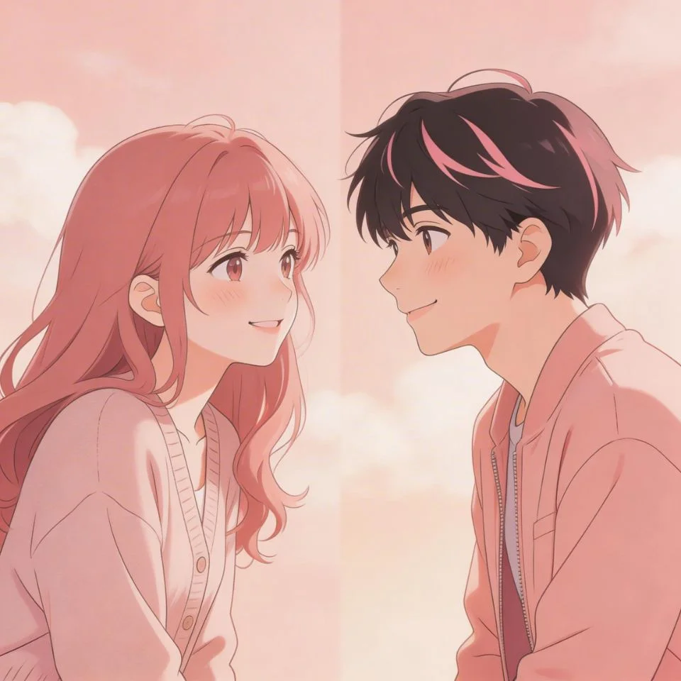 Matching pink pfp couple with anime duo characters and soft pink coordinated aesthetic for Discord and TikTok profiles