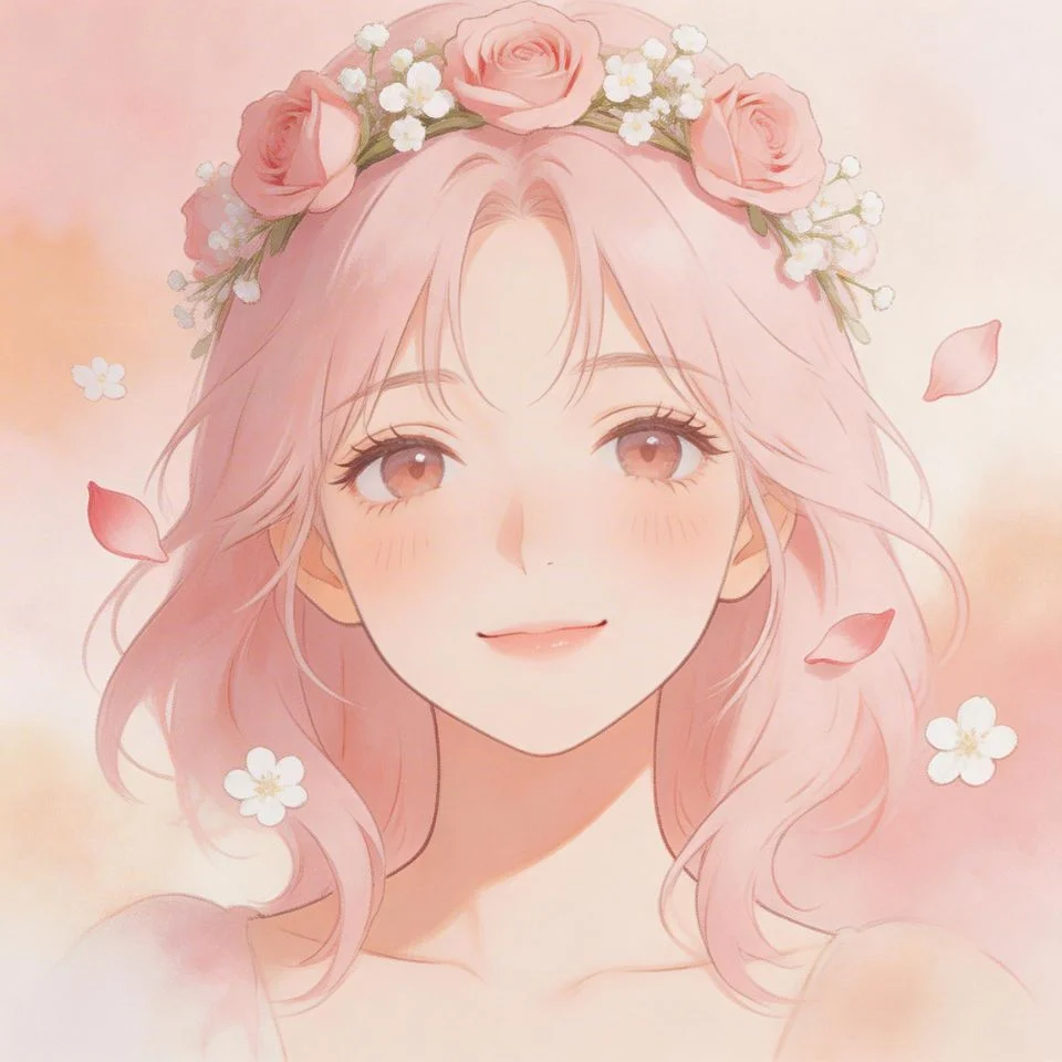 Baby pink pfp aesthetic with pastel flower crown and soft blush illustration for cute profile picture avatar