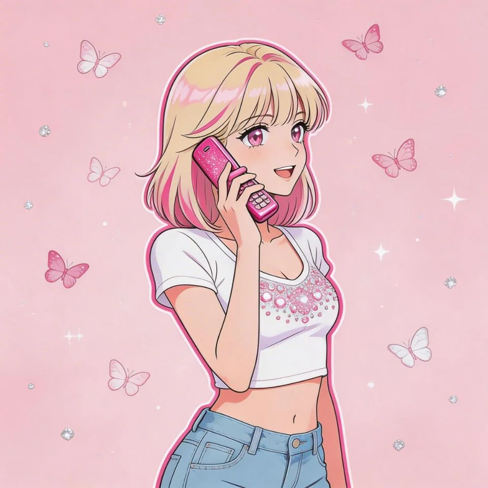 Y2K aesthetic pink pfp featuring retro anime girl with flip phone and bubblegum pink tones for Discord avatar