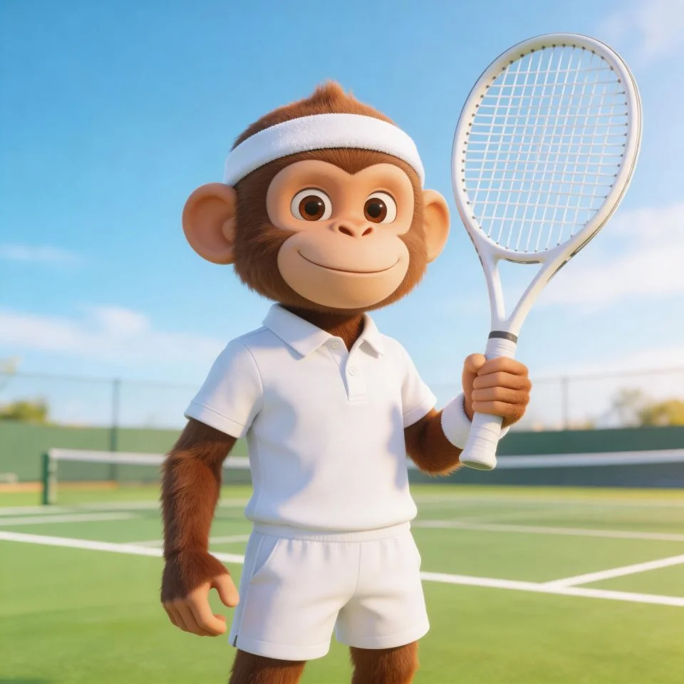 preppy-monkey-pfp-tennis-racket-white-outfit-bright-summer-court-aesthetic Preppy monkey pfp holding tennis racket in crisp white outfit with bright summer aesthetic and cheerful sporty expression perfect for trendy TikTok and Instagram avatars