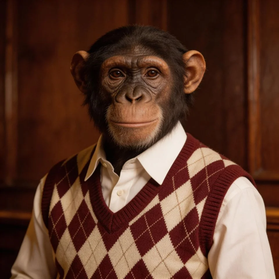 preppy-monkey-profile-picture-argyle-sweater-vintage-ivy-league-warm-tones Preppy monkey profile picture wearing argyle sweater vest with vintage ivy league aesthetic warm burgundy and cream tones perfect for sophisticated Discord and Instagram avatars