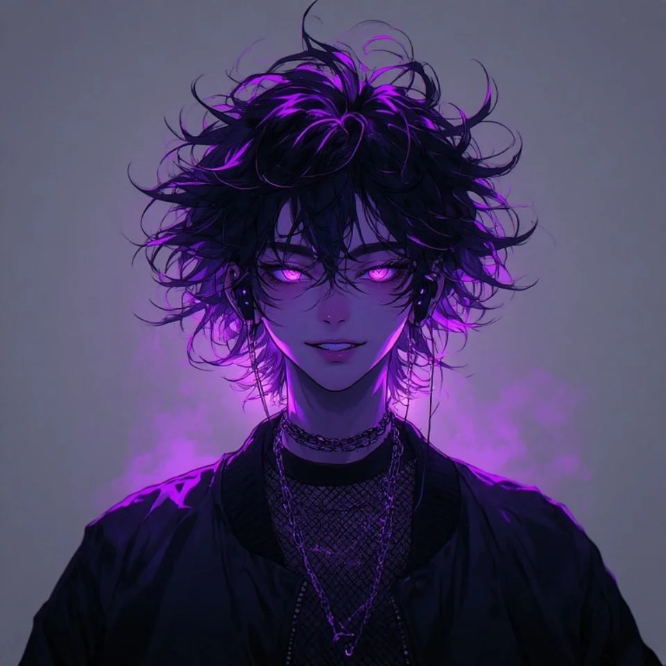 Cool purple anime boy pfp wearing headphones with confident smirk for Discord and gaming profiles