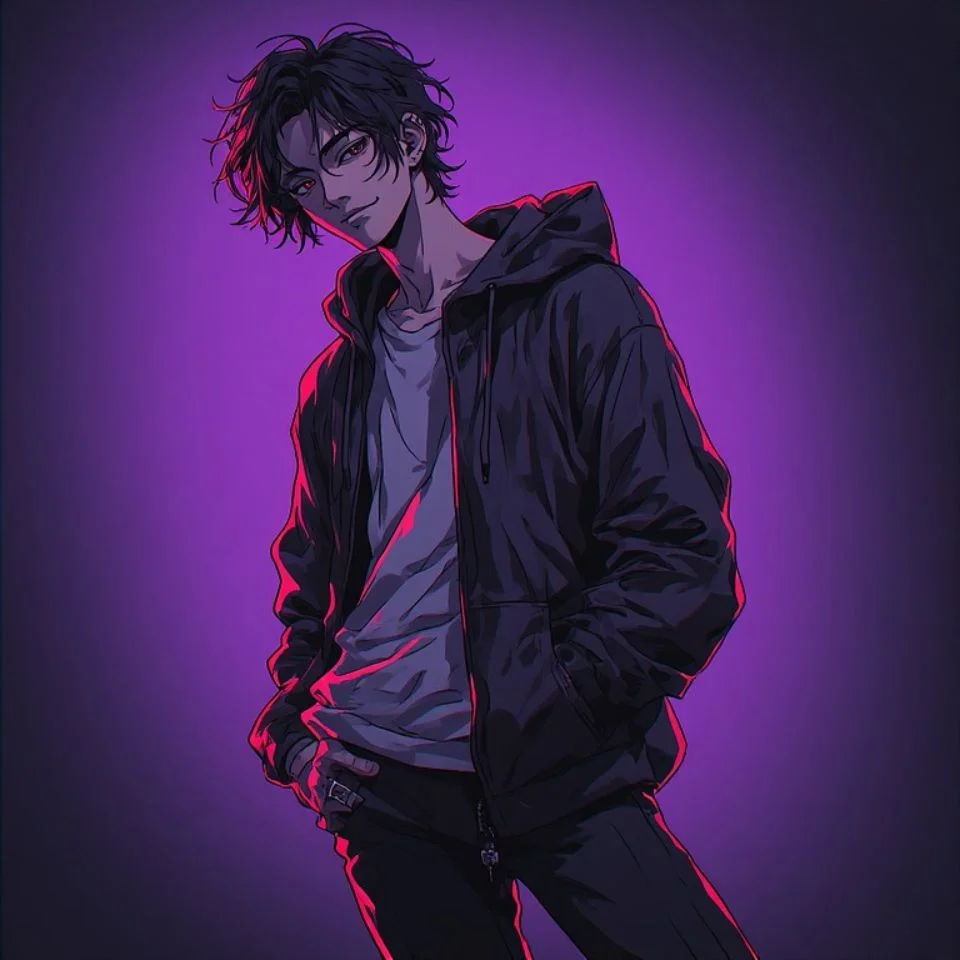 Aesthetic purple anime boy pfp in hoodie against urban night backdrop for cool profile pictures