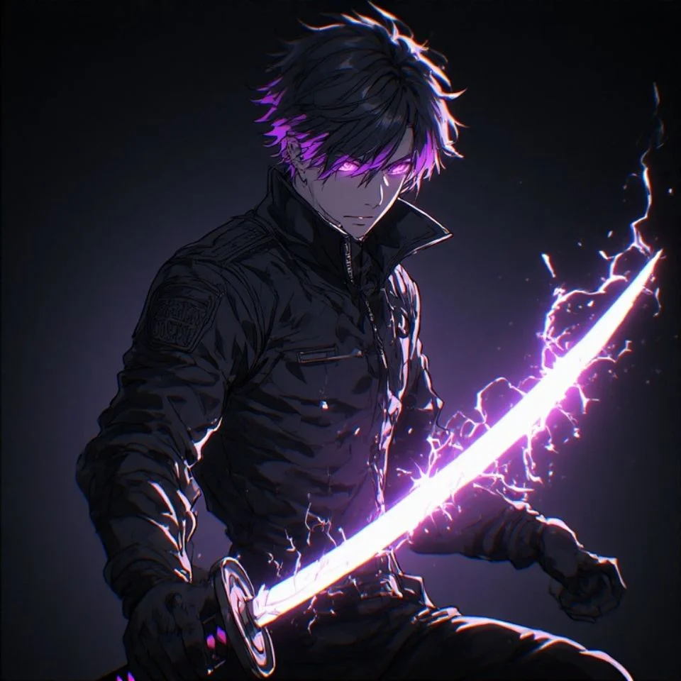 Purple anime boy pfp with glowing sword and violet battle aura for edgy gaming avatars