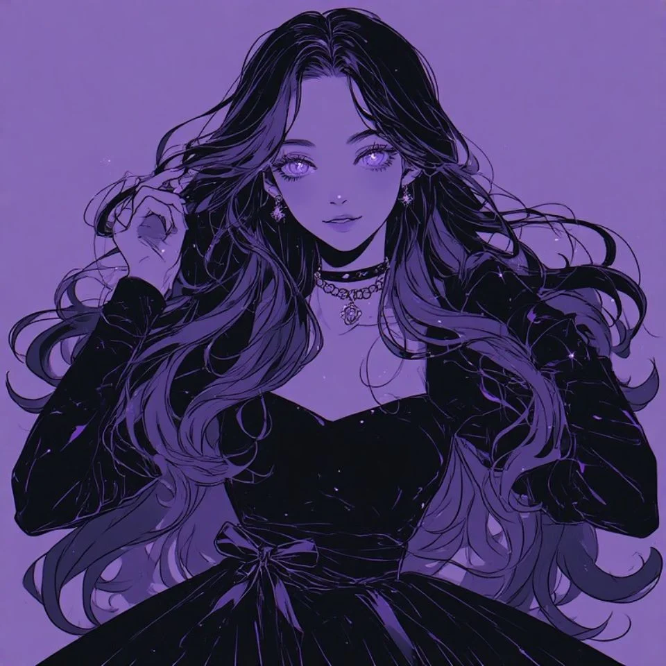 Purple anime girl pfp with flowing violet hair and bright expressive eyes for kawaii Discord profiles