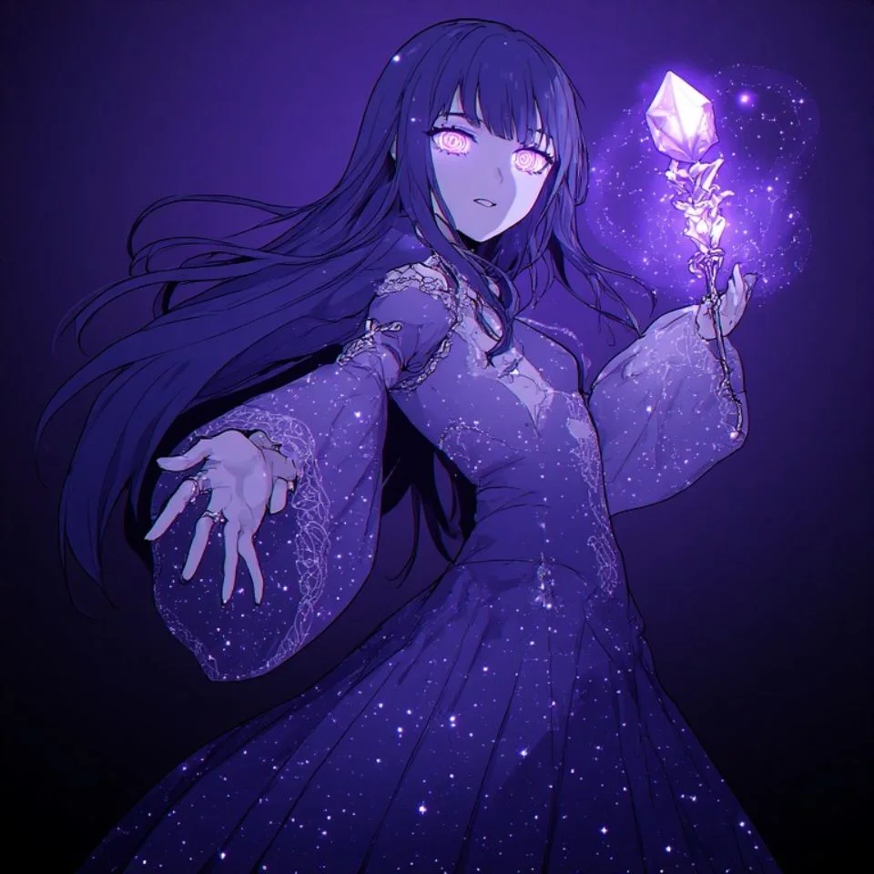 Expressive purple anime girl pfp holding magical wand against starry purple sky for profile icons
