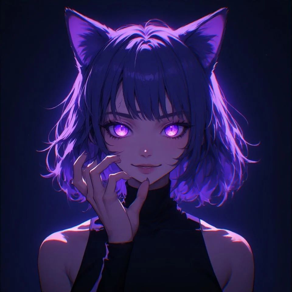 Cute purple cat girl pfp in anime cartoon style with paw pose for fun aesthetic profile icons