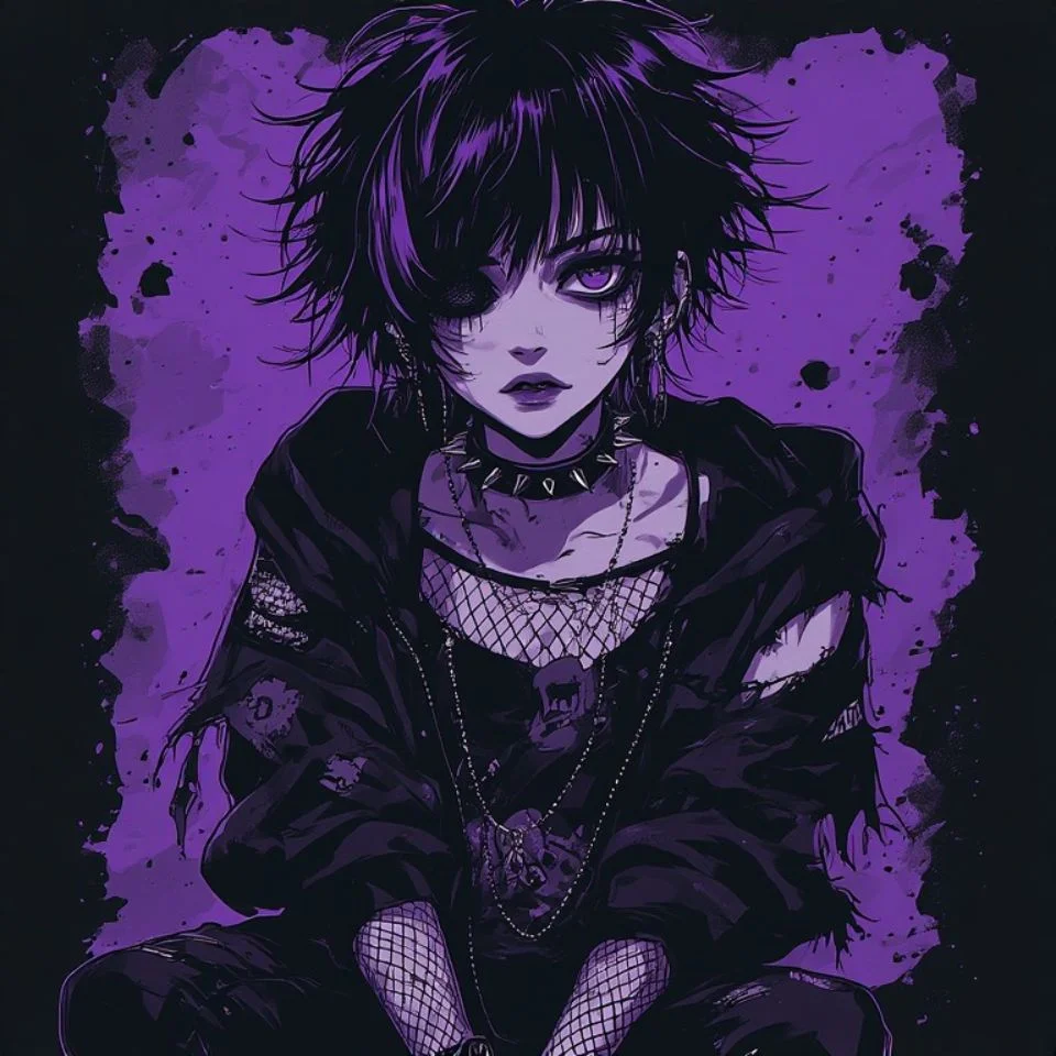 Edgy purple grunge pfp with torn paper collage and punk aesthetic for alternative profile pictures