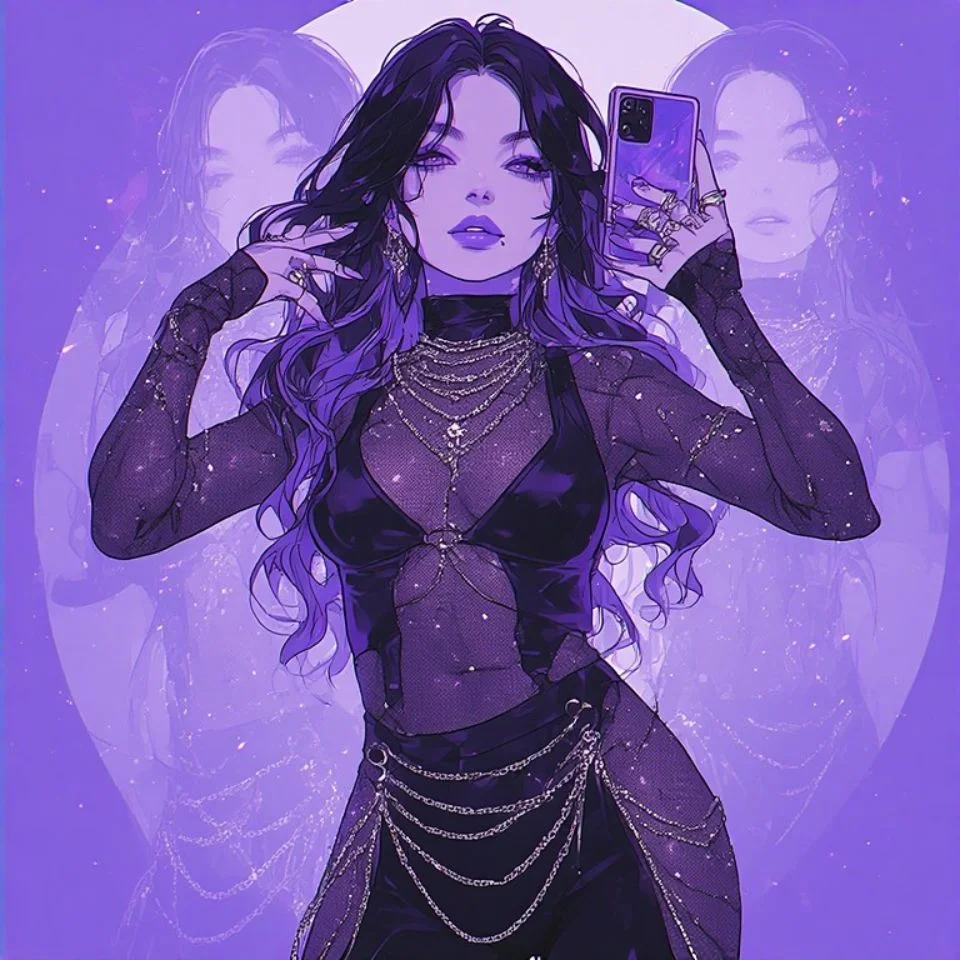 Aesthetic purple pfp showing mirror selfie with violet LED lighting for trendy Instagram avatars