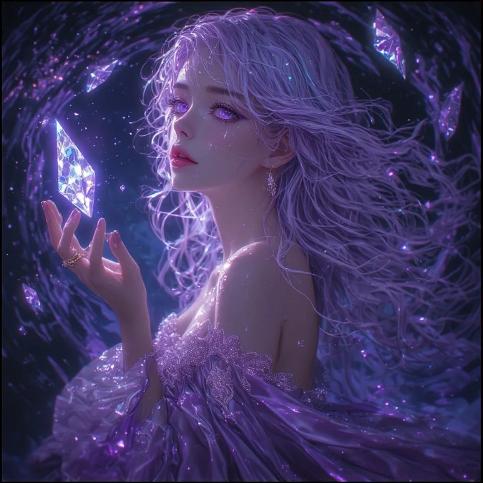 Purple aesthetic pfp for Pinterest featuring flat lay with amethyst crystals and violet accents