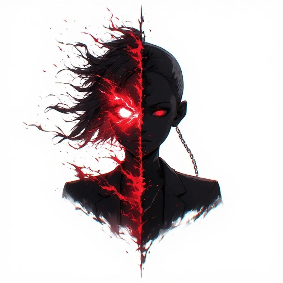 Red and black pfp with split face anime design showing high contrast dual tone for bold profile icons