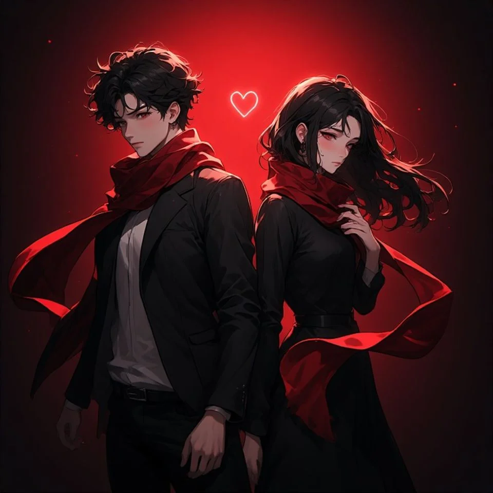 Red matching pfp for couples with anime heart split design showing romantic crimson aesthetic duo avatars