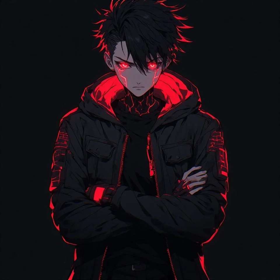 Red neon anime boy pfp with electric glowing eyes and cyber red aura ideal for gaming profile pictures