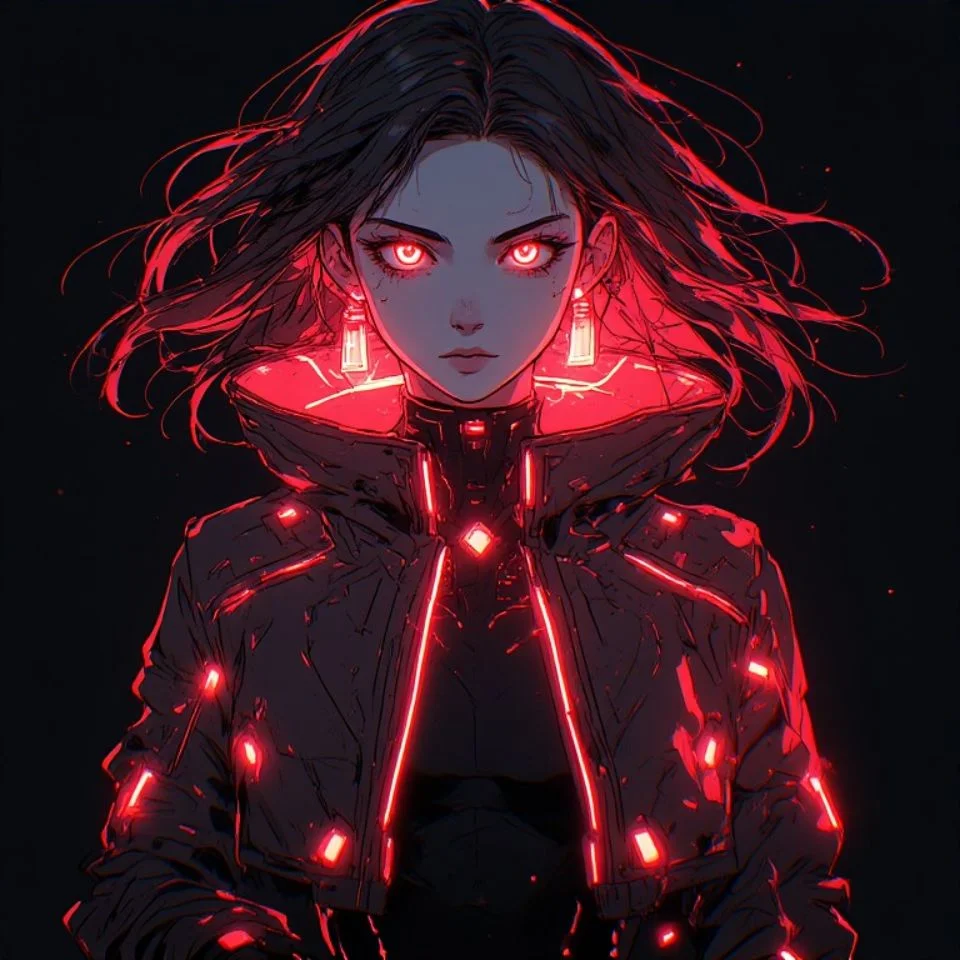 Red neon glow pfp with cyberpunk girl outline and fluorescent crimson light for futuristic profile avatars