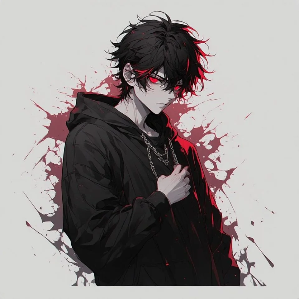 Aesthetic red anime boy pfp with glowing red eyes and black hoodie for cool male profile pictures