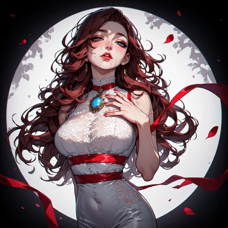 Aesthetic red anime girl pfp wearing a scarlet ribbon with gentle blush tones for cute profile pictures