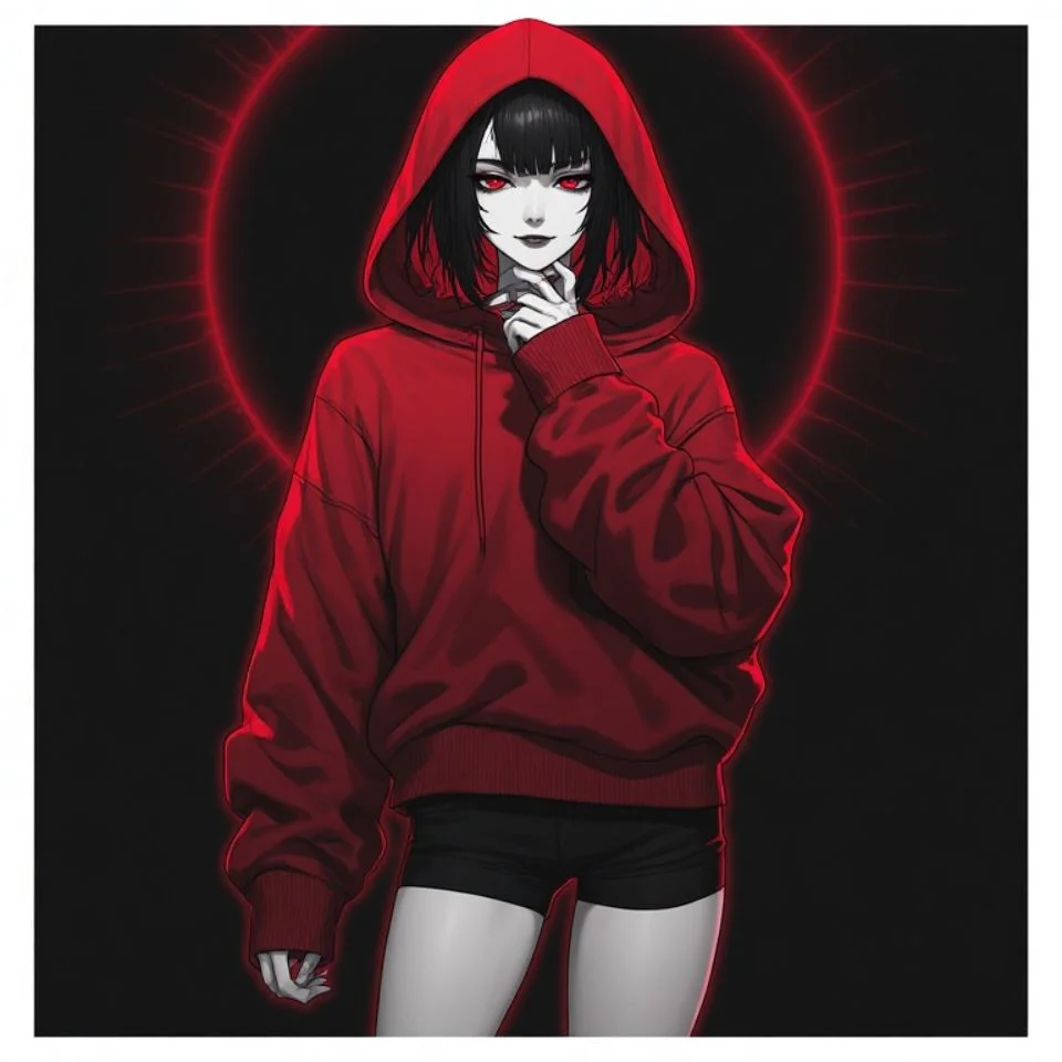 Red anime girl pfp in oversized hoodie with dark red glow effect ideal for aesthetic TikTok avatars