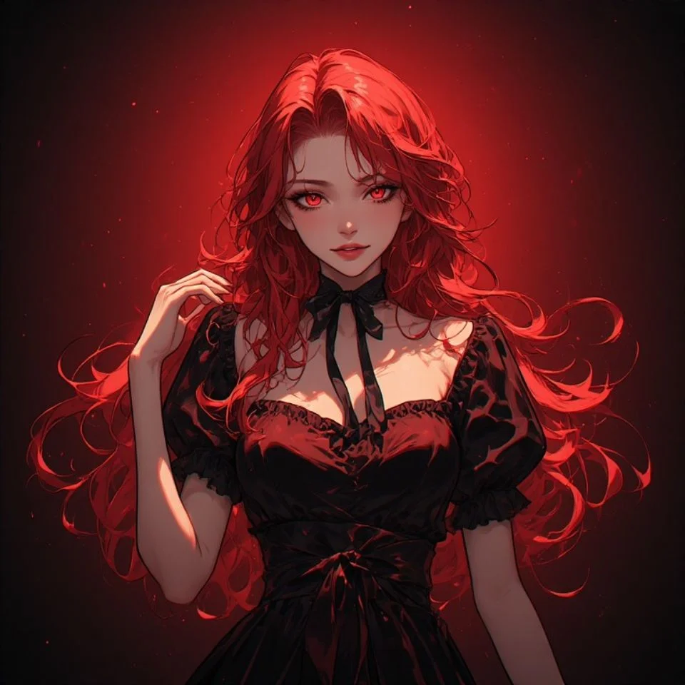 Cute red anime girl pfp with long crimson hair and sparkling eyes perfect for Discord and TikTok profiles