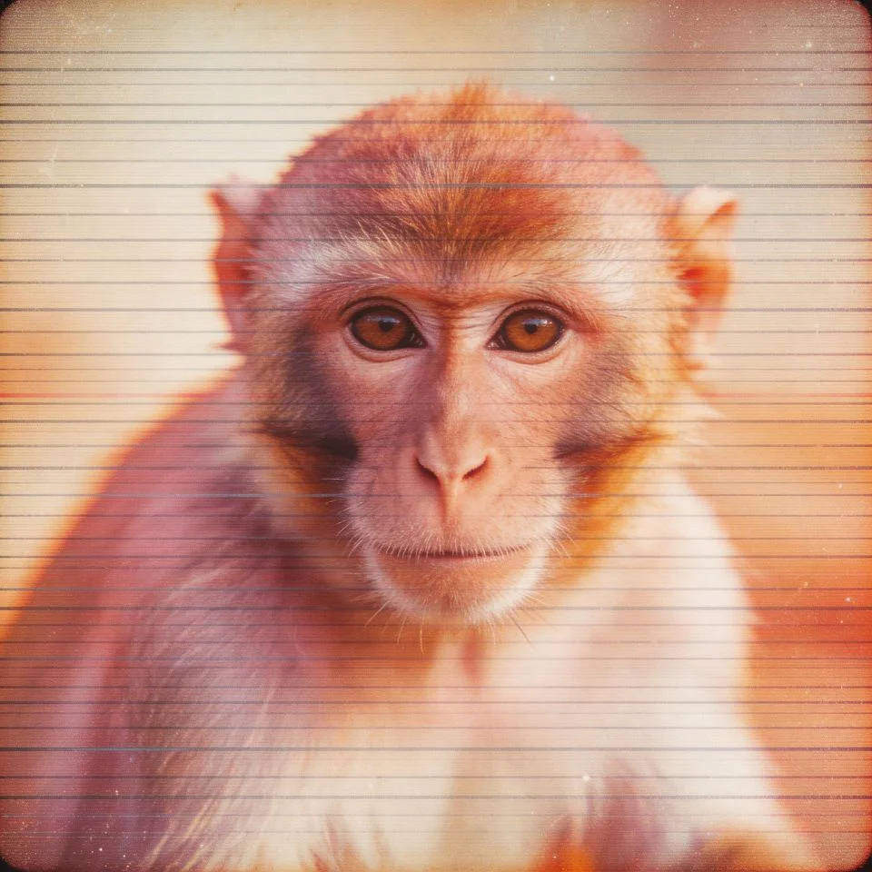 retro-monkey-profile-picture-vhs-distortion-scanlines-80s-television-effect Retro monkey profile picture with VHS distortion effect horizontal scanlines and 80s television static aesthetic in faded warm tones for nostalgic Discord avatars