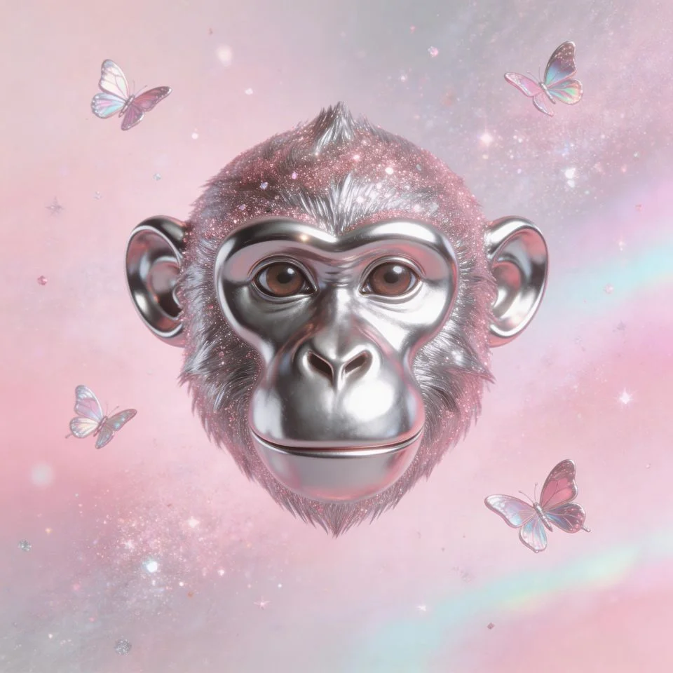 y2k-monkey-pfp-chrome-metallic-text-glitter-early-2000s-myspace-aesthetic Y2K monkey pfp with chrome metallic finish glitter overlay and early 2000s MySpace aesthetic in pink and silver tones perfect for nostalgic TikTok and Discord avatars