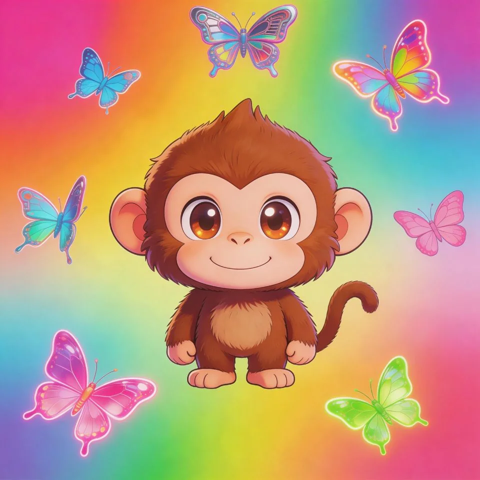 y2k-monkey-pfp-cyber-butterfly-clip-art-rainbow-gradient-early-internet Y2K monkey pfp surrounded by cyber butterfly clip art elements rainbow gradient background and early internet collage aesthetic perfect for TikTok and Instagram nostalgic avatars