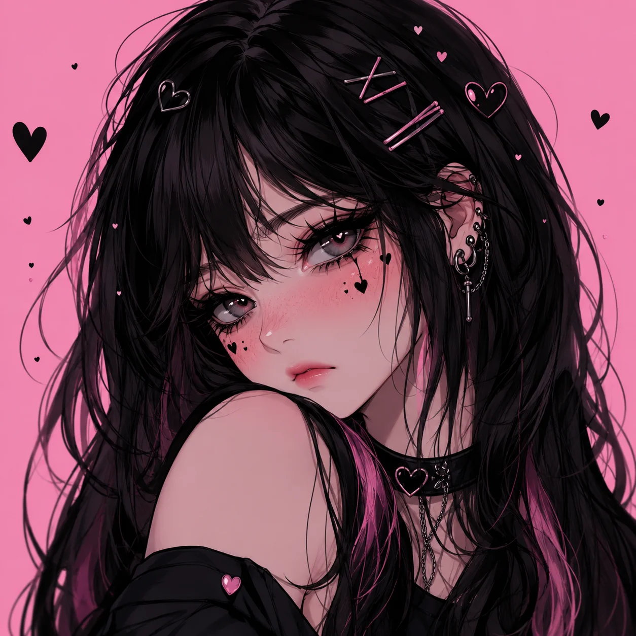 cute-emo-girl-pfp-anime-style-dark-lashes-heart-details Cute emo girl pfp in anime style with thick dark lashes, soft blush cheeks, and tiny heart details for TikTok avatar