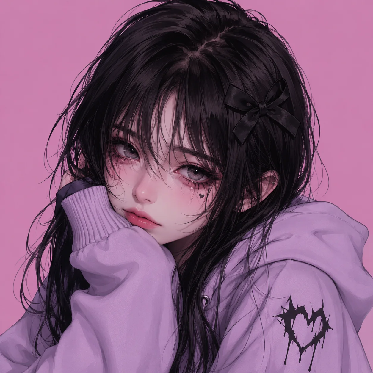 cute-emo-girl-pfp-black-bow-pastel-hoodie-expressive Cute emo girl pfp wearing a pastel hoodie with black bow hair clip and expressive teary eyes for aesthetic Instagram avatar