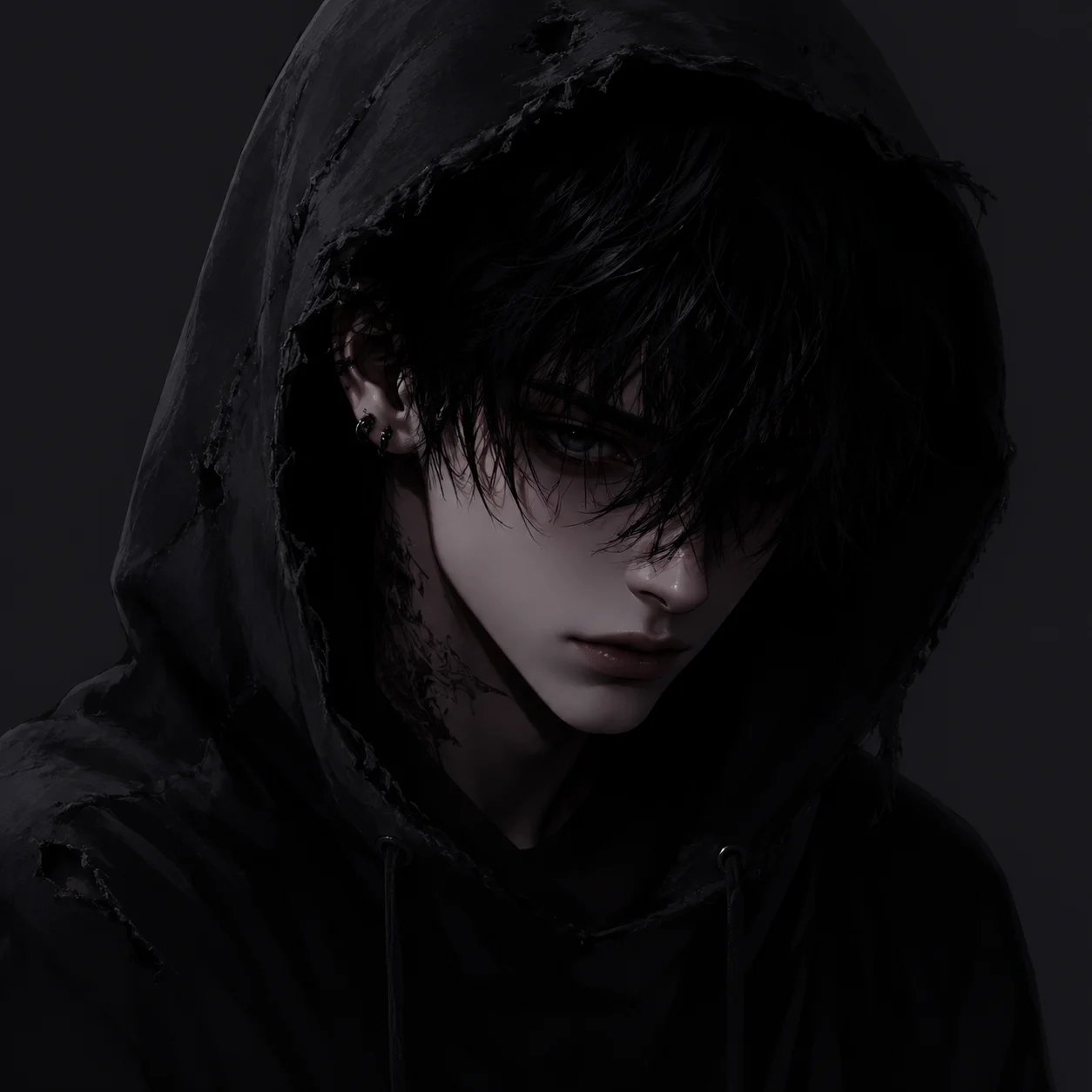dark-emo-boy-pfp-black-hoodie-shadow-face-moody Dark emo boy pfp wearing black hoodie with half-shadowed face and intense brooding expression for moody Discord avatar