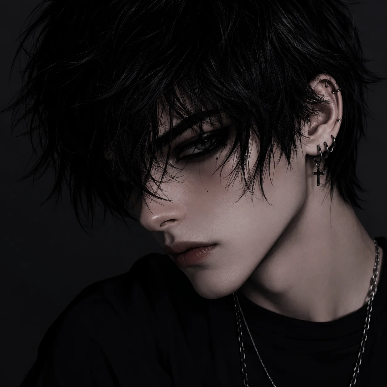 dark-emo-boy-pfp-eyeliner-black-hair-side-swept-edgy Dark emo boy pfp with heavy black eyeliner, side-swept black hair, and edgy pale complexion for alternative Instagram profile