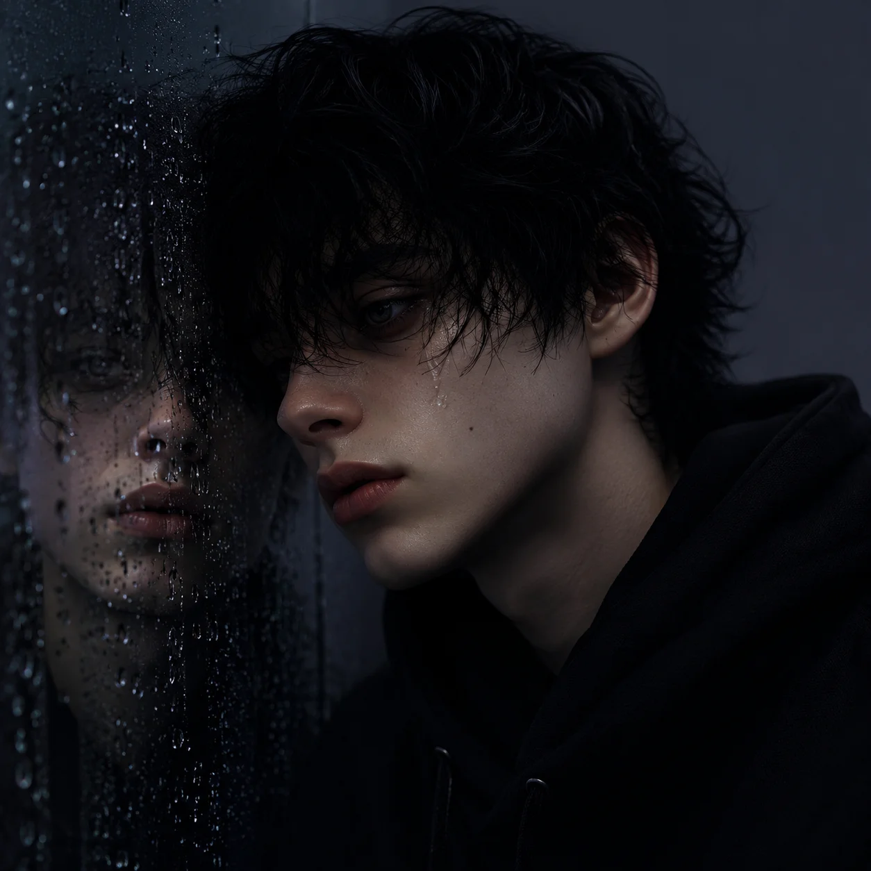 dark-emo-boy-pfp-rain-window-reflection-sad-aesthetic Dark emo boy pfp with rain window reflection, distant sad gaze, and muted grey tones for emotional aesthetic profile picture