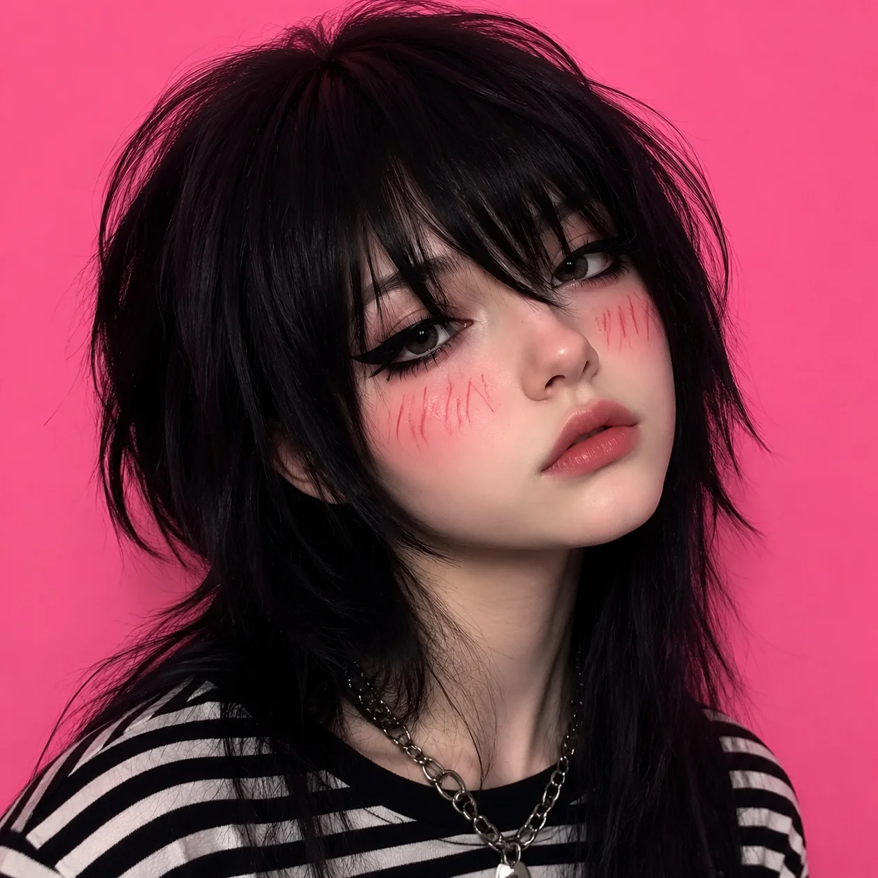 e-girl-emo-pfp-blush-marks-chain-necklace-dark-eyeliner-tiktok E-girl emo pfp with rosy blush marks, chain necklace, heavy dark eyeliner, and striped shirt for trendy TikTok profile avatar
