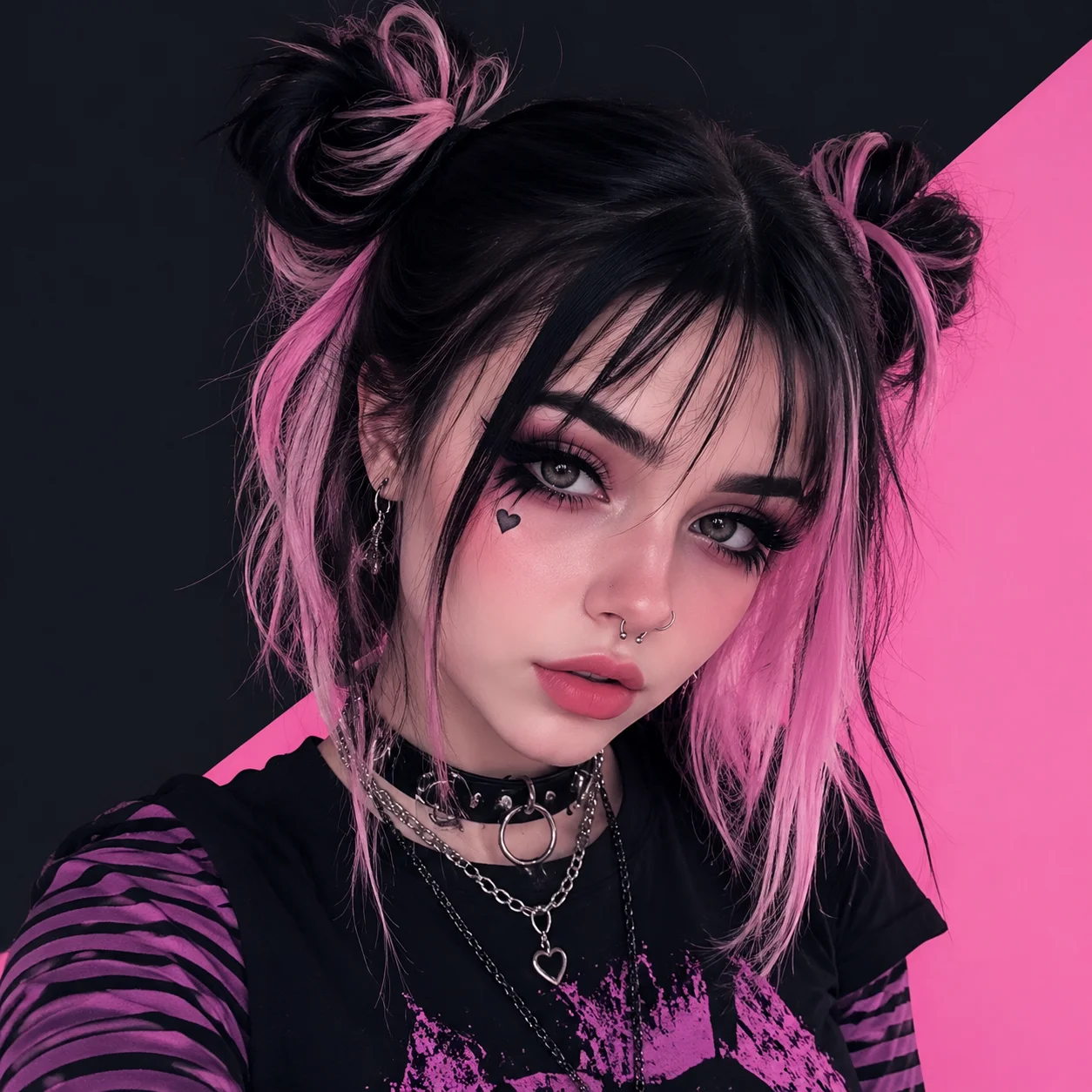 e-girl-emo-pfp-space-buns-heart-face-stamp-pastel-dark-mix E-girl emo pfp with space buns, tiny heart face stamp, mixed pastel and dark styling for aesthetic TikTok and Instagram avatar