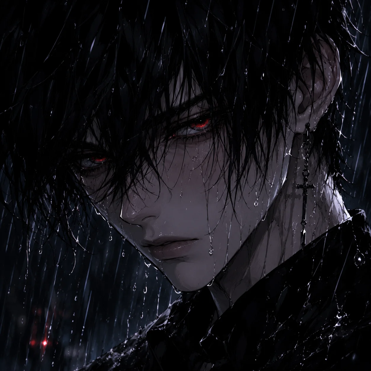 emo-anime-boy-pfp-black-hair-red-eyes-rain-soaked-emotional Emo anime boy pfp with black rain-soaked hair, striking red eyes, and emotional expression for dark illustrated TikTok avatar
