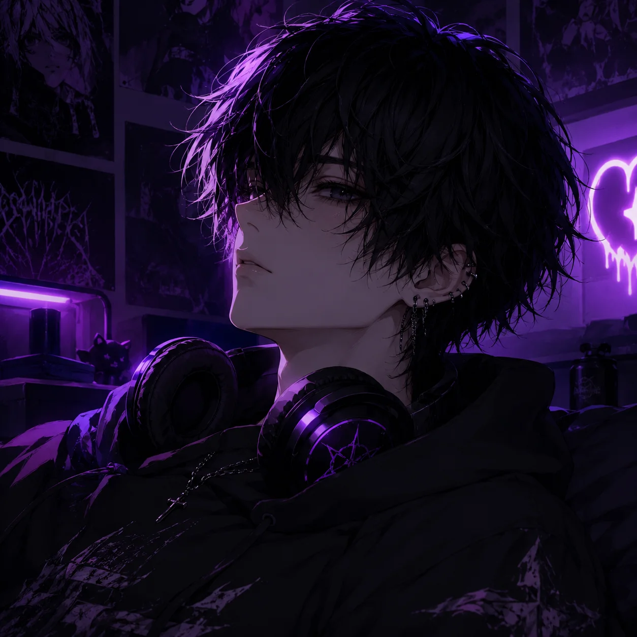 emo-anime-boy-pfp-headphones-dark-bedroom-neon-glow-chill Emo anime boy pfp with headphones, dark bedroom setting, soft neon purple glow, and relaxed expression for aesthetic Discord avatar