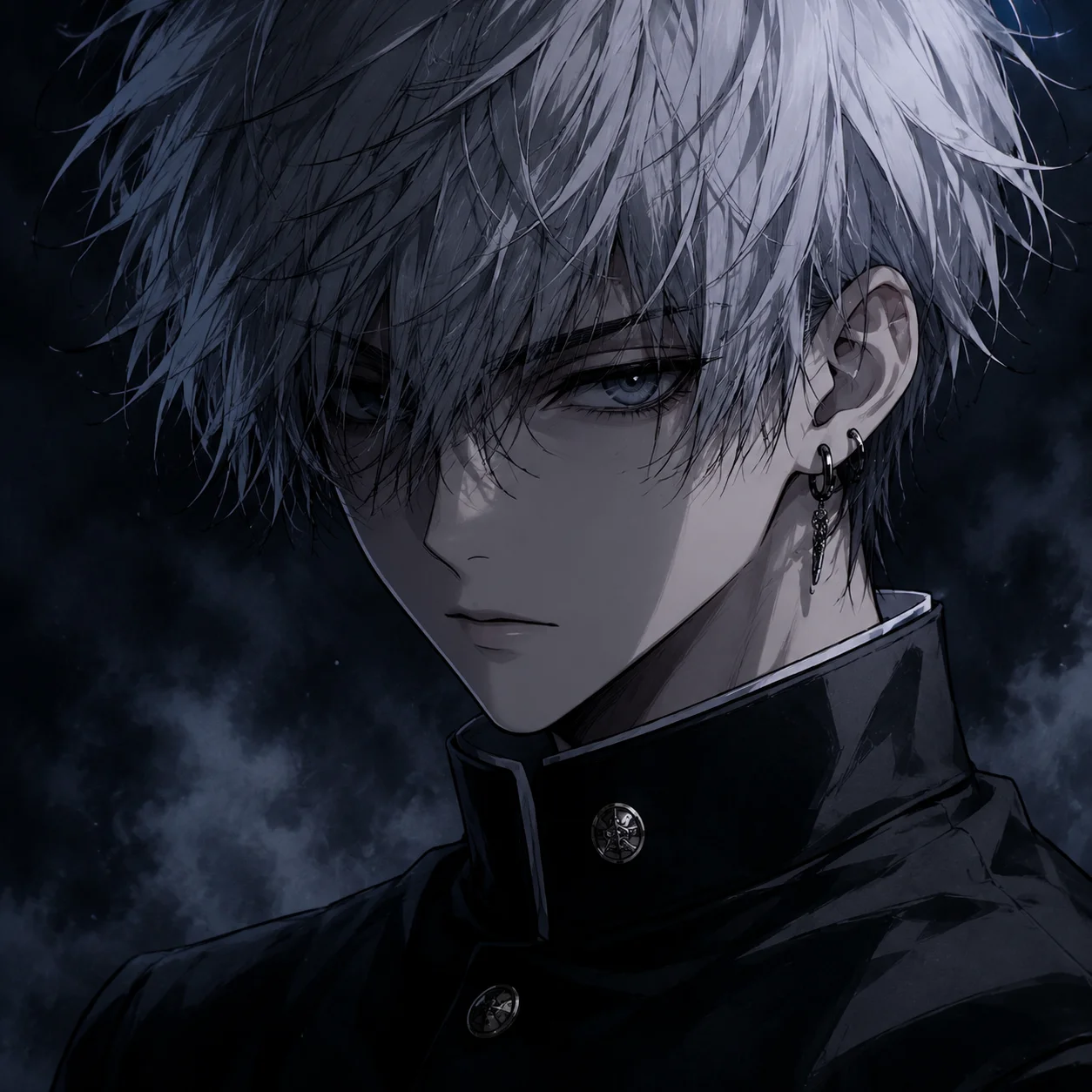 emo-anime-boy-pfp-silver-hair-sharp-eyes-dark-uniform-illustrated Emo anime boy pfp with silver swept hair, sharp piercing eyes, dark school uniform, and moody background for cool Discord avatar