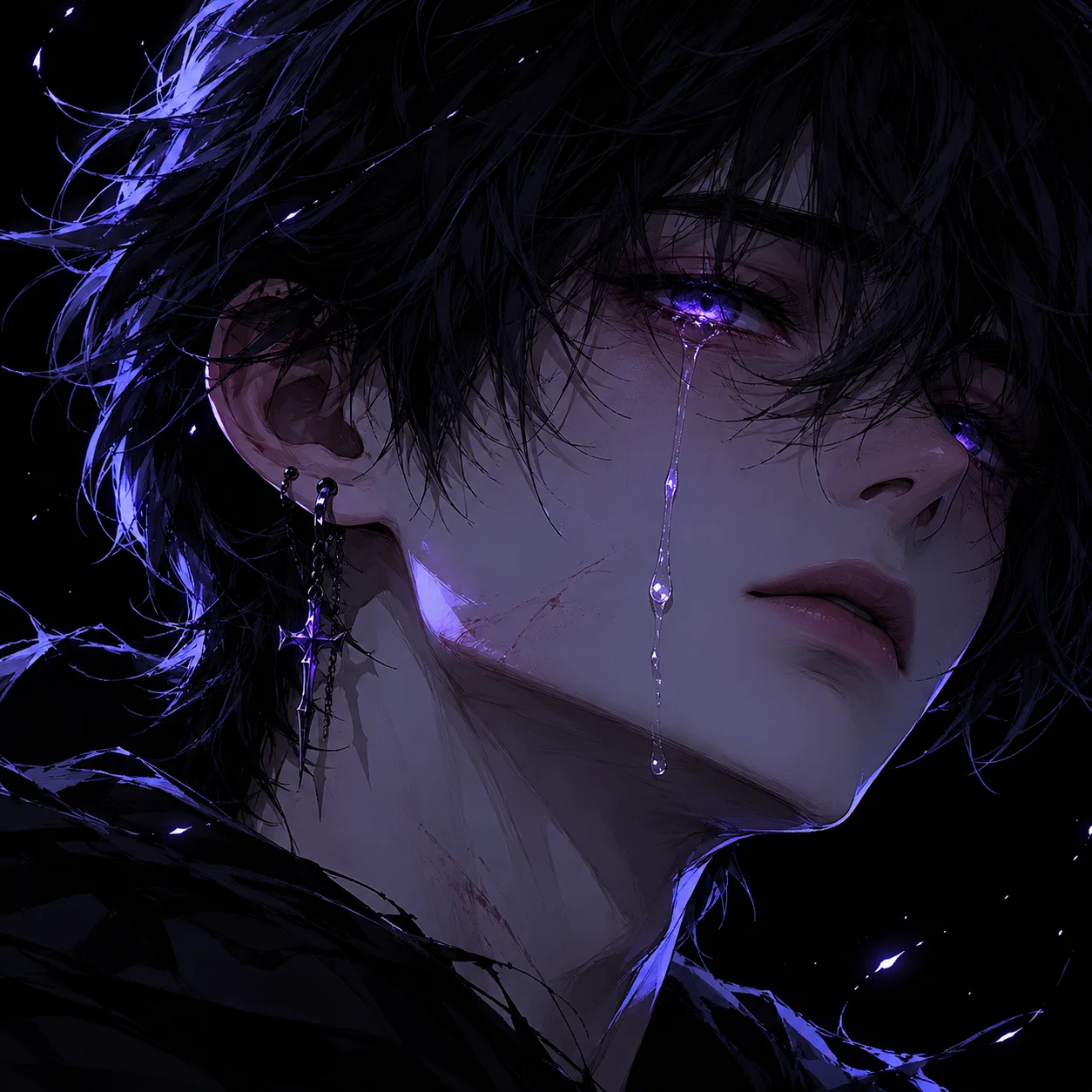 emo-anime-pfp-crying-single-tear-pale-skin-dark-background Emo anime pfp showing a pale character with a single tear, dark lashes, and deep black background for emotional profile picture
