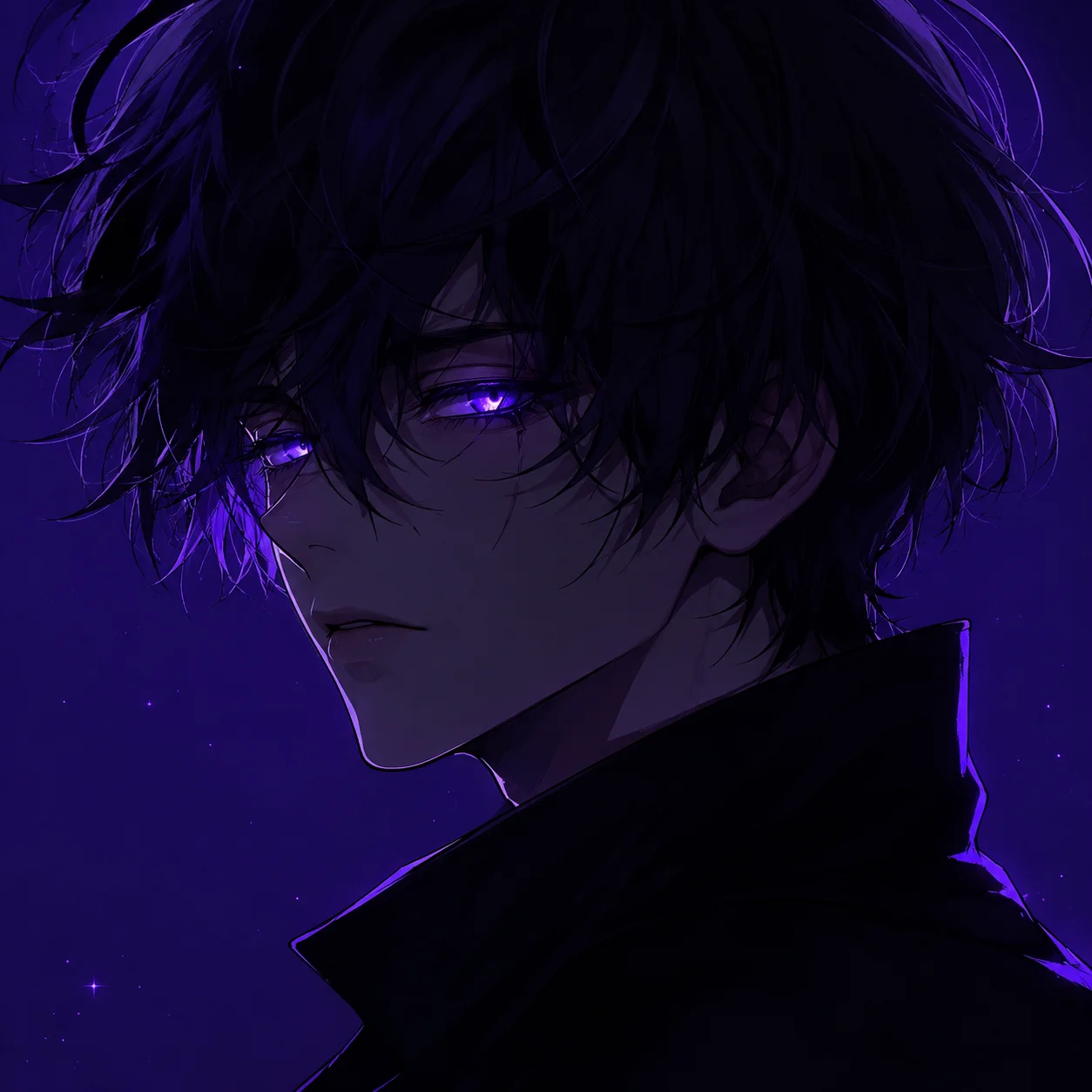 emo-anime-pfp-dark-hair-glowing-eyes-night-sky-illustrated Emo anime pfp with dark flowing hair, glowing violet eyes, and a moody night sky background for expressive Discord avatar