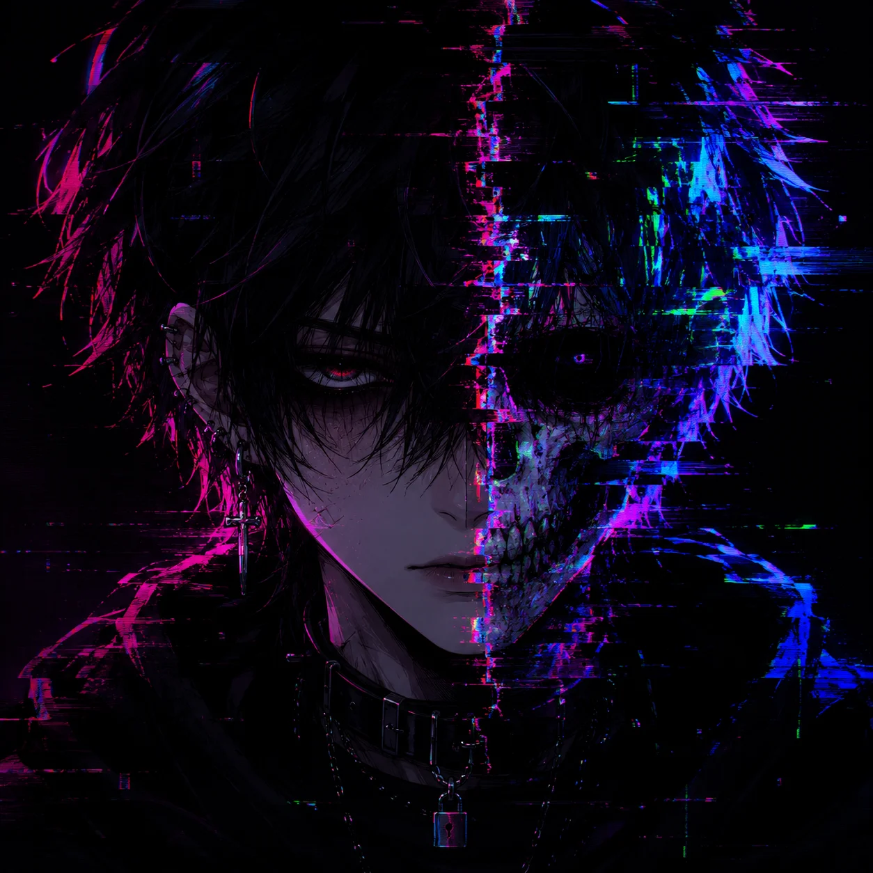 glitch-emo-pfp-chromatic-aberration-dark-face-split-neon-edit Glitch emo pfp with chromatic aberration effect, dark split face distortion, and electric neon color fringing for Discord avatar