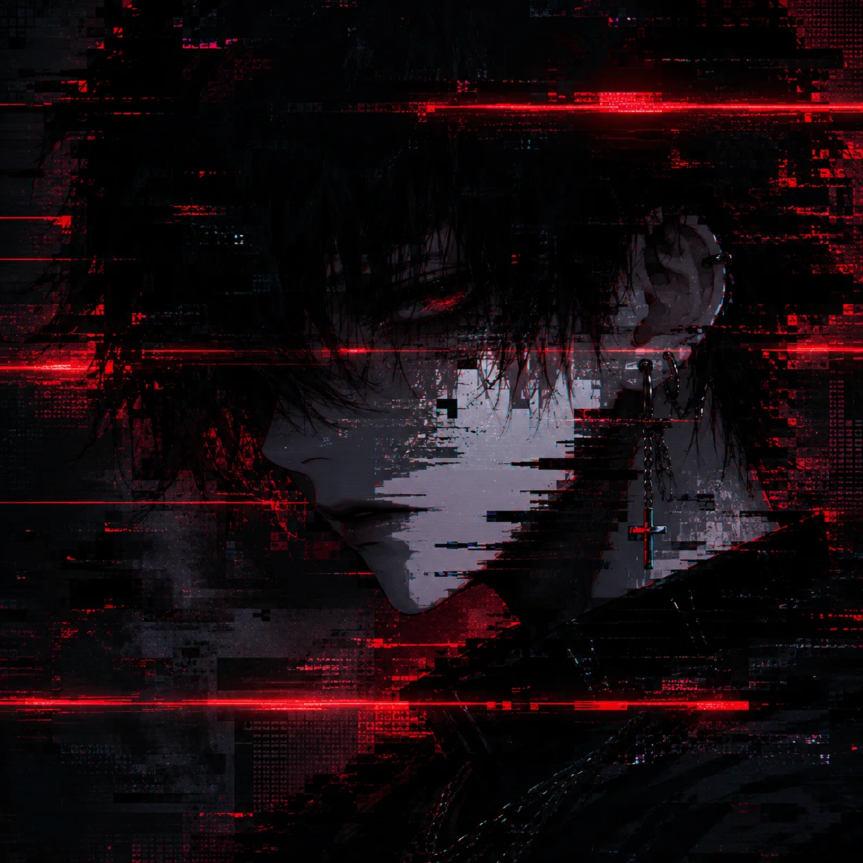 Glitch neon emo pfp with pixel corruption effect, red scan lines, dark digital distortion for edgy alternative Discord avatar