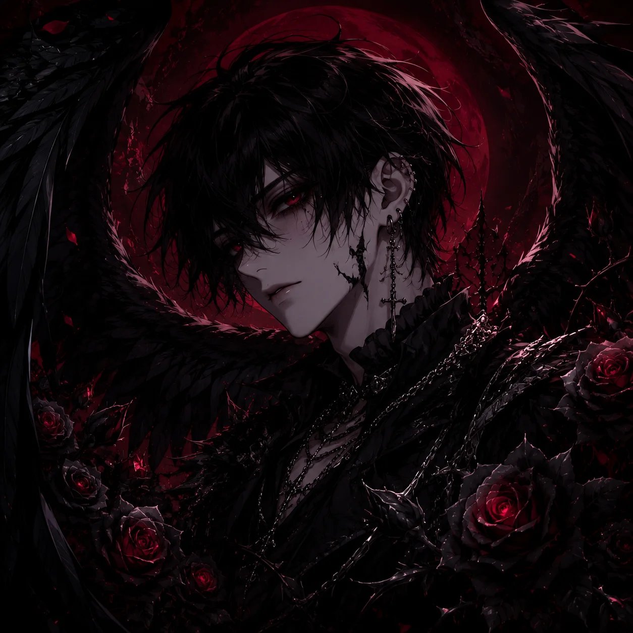 goth-emo-pfp-anime-style-dark-wings-black-roses-dramatic Goth emo pfp in anime style with dark feathered wings, black roses, deep crimson accents for dramatic alternative Instagram avatar
