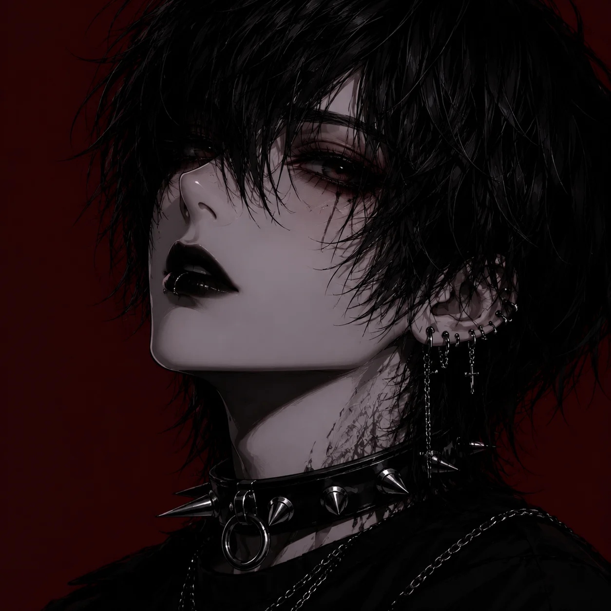 goth-emo-pfp-black-lipstick-spiked-collar-dark-makeup-punk Goth emo pfp with black lipstick, spiked collar, heavy dark eye makeup, and fierce expression for bold alternative Discord avatar