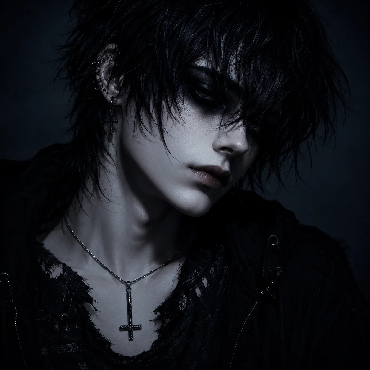 goth-emo-pfp-inverted-cross-dark-eye-shadow-pale-skin-moody Goth emo pfp with inverted cross accessory, dramatic dark eye shadow, pale complexion, and moody atmosphere for alternative avatar