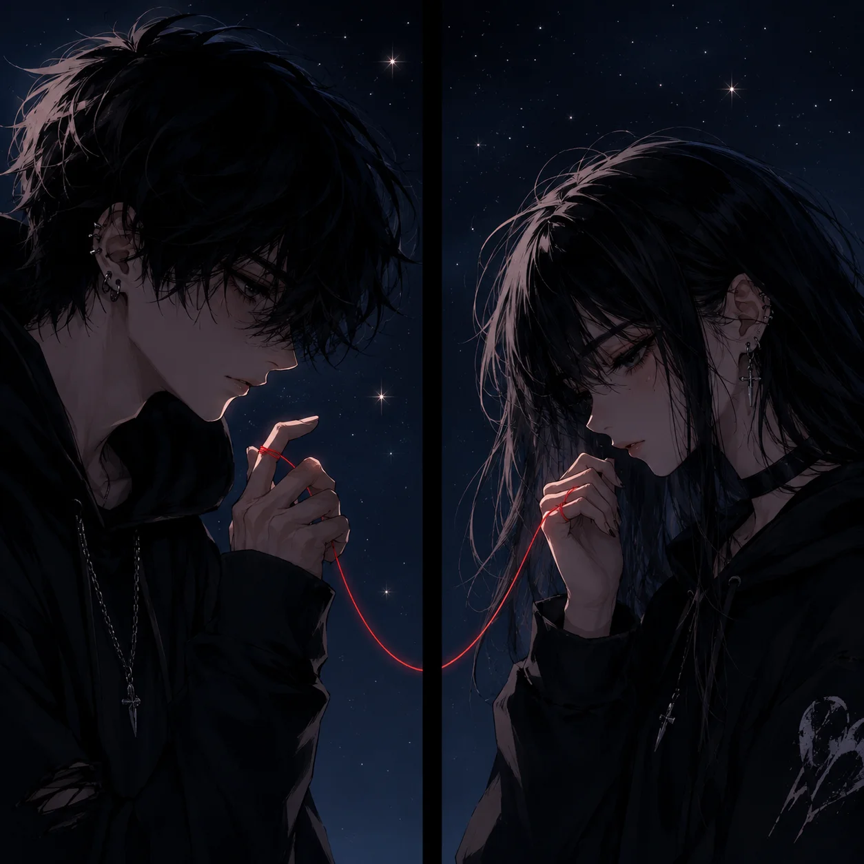 matching-emo-couple-pfp-anime-style-red-string-fate-dark-aesthetic Matching emo couple pfp in anime style connected by red string of fate with dark starry background for romantic Discord duo avatar